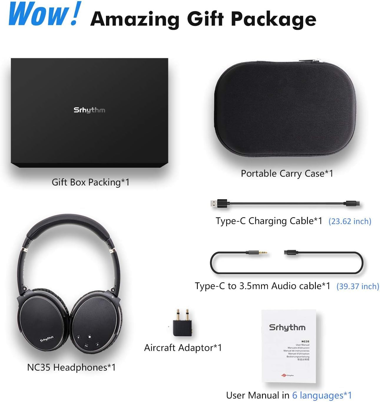 NC35 Noise Cancelling Wireless Headphones Bluetooth 5.0, Foldable over Ear Headset with Build-In Mic,50+ Hrs Playtime,Multi-Point Bluetooth Connection Voice Call