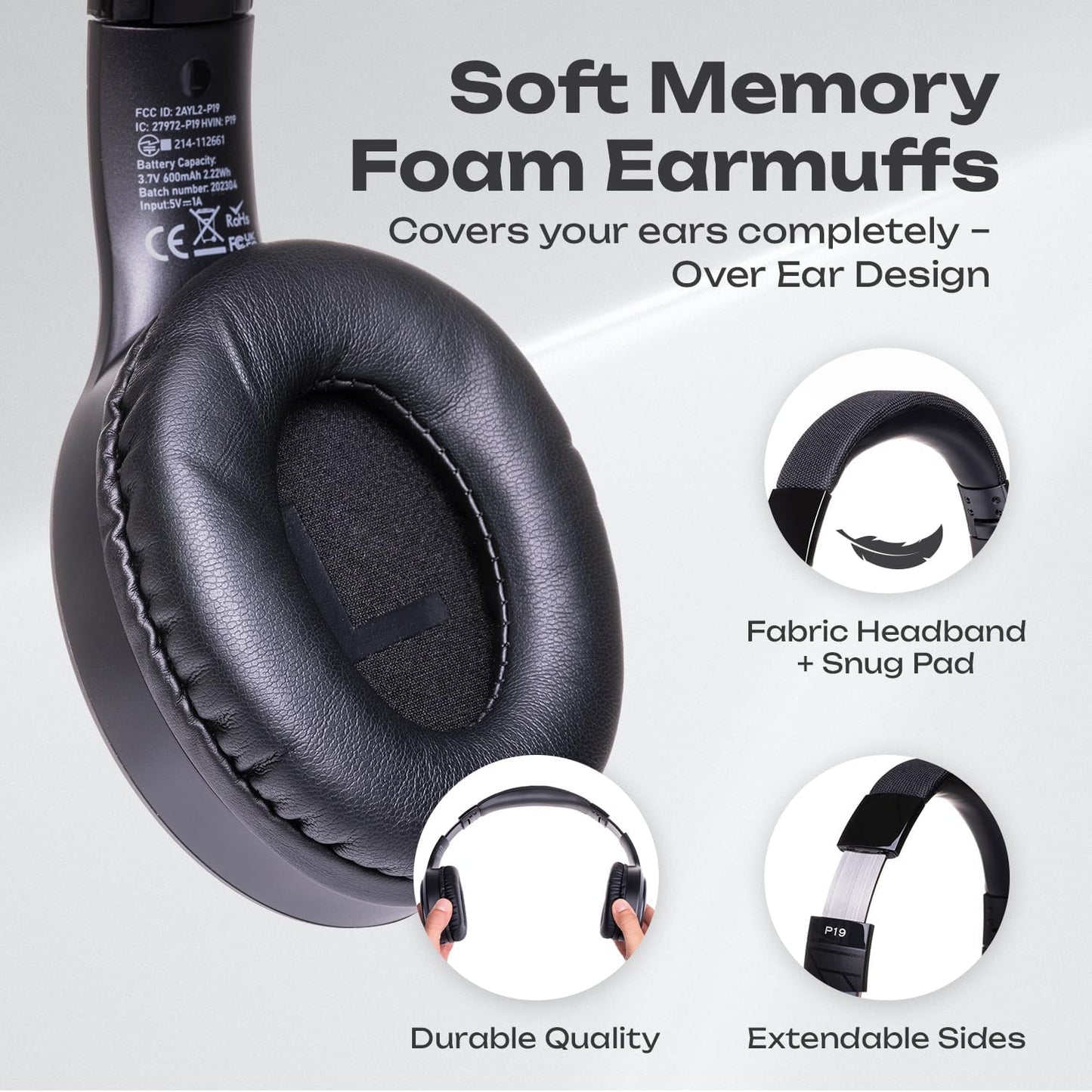 Bluetooth Headphones, Bluetooth Headphones over Ear, Wireless Headphones with Microphone, 3 EQ Modes, 60Hrs Playtime, Foldable Headphones, Fabric Headband, Hi-Fi Stereo for Work/Travel/Pc