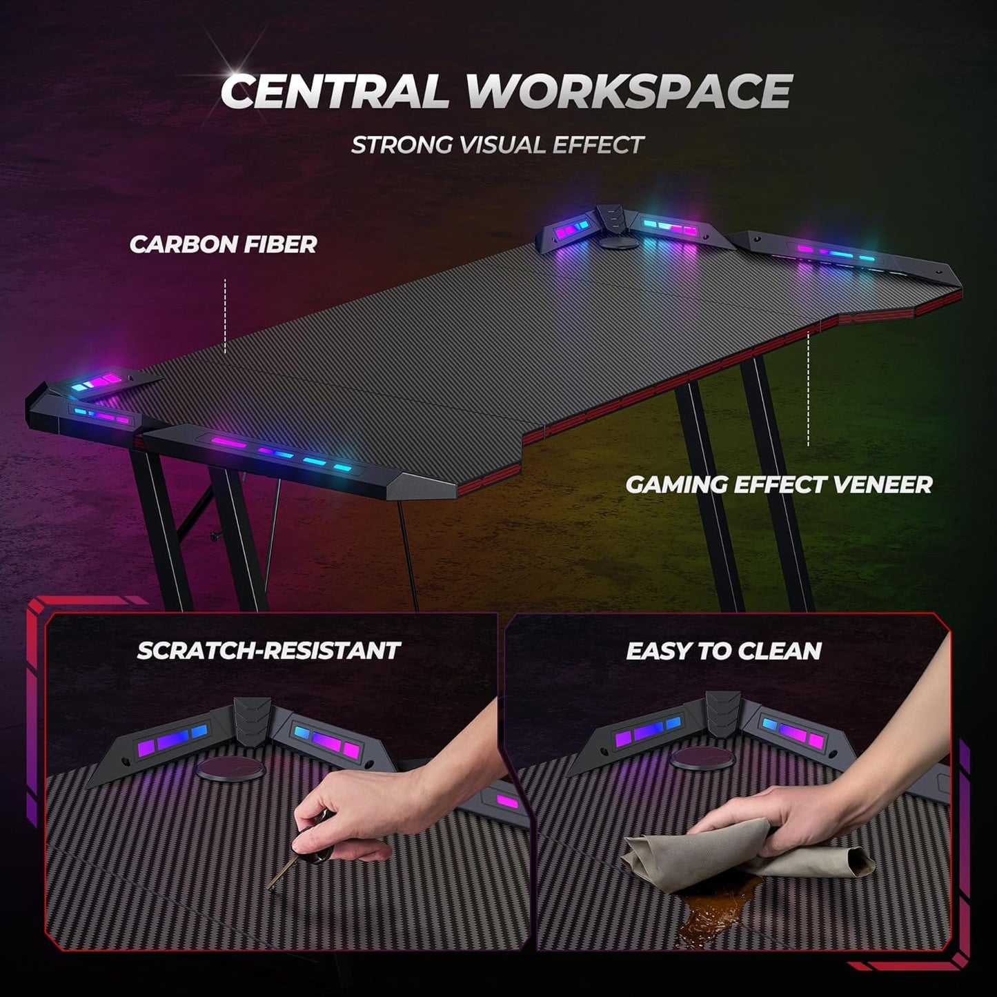 Gaming Desk with LED, 120 Cm Gamer Workstation, Home Computer with Carbon Fiber Surface, Black