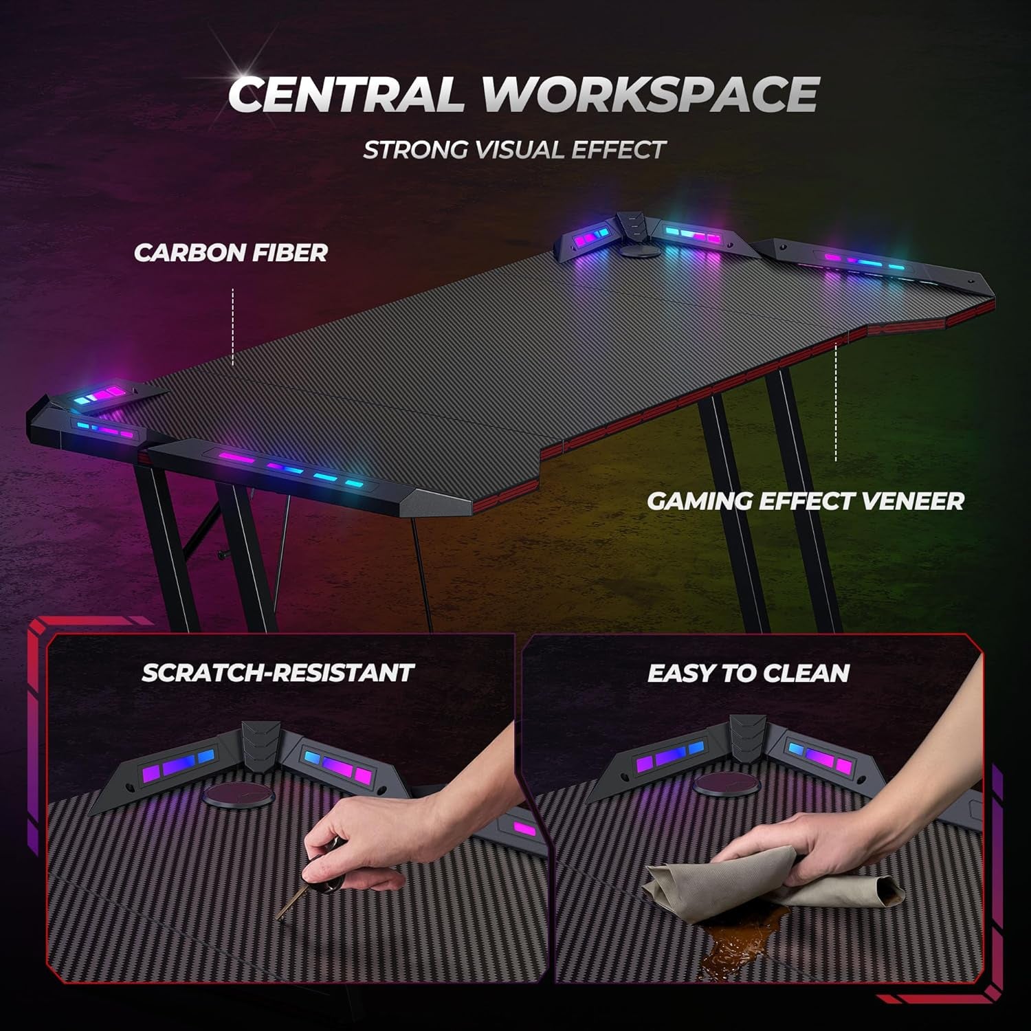 Gaming Desk with LED, 120 Cm Gamer Workstation, Home Computer with Carbon Fiber Surface, Black