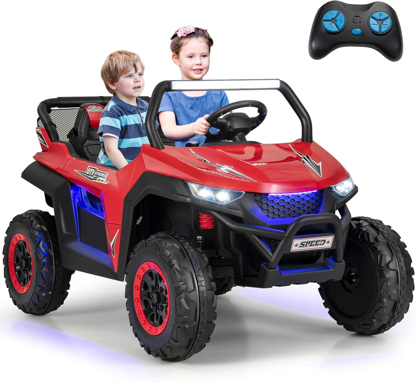 Kids Electric UTV, 2-Seater 12V Battery Powered Toy Car with Remote Control, Lights, Bluetooth, MP3, USB, FM, High/Low Speed & Suspension Spring, Children Ride on Car for 3-8 Years Old (Pink)