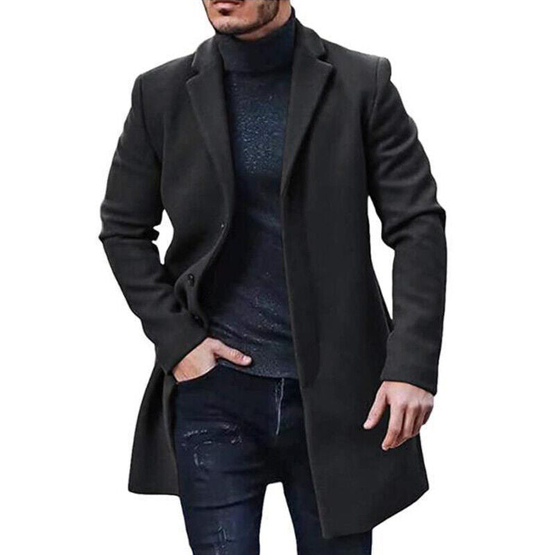 Men’s Winter Warm Trench Coat – Long Smart Formal Overcoat with Button Accents, Pockets & Lining