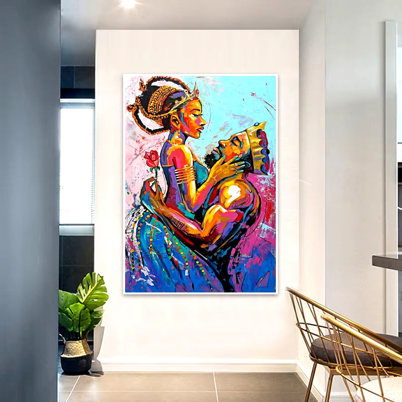 Colorful Graffiti Couple Oil Painting - African Art Canvas Prints, Abstract King & Queen Wall Poster with Frame for Home Decor