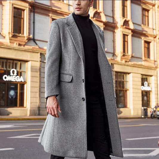 New Men's Coat British Style Long Casual Windbreaker Autumn and Winter Aura Commuter Top Coat for Men