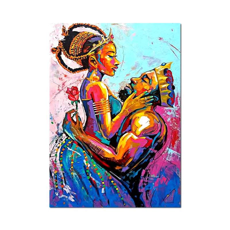 Colorful Graffiti Couple Oil Painting - African Art Canvas Prints, Abstract King & Queen Wall Poster with Frame for Home Decor