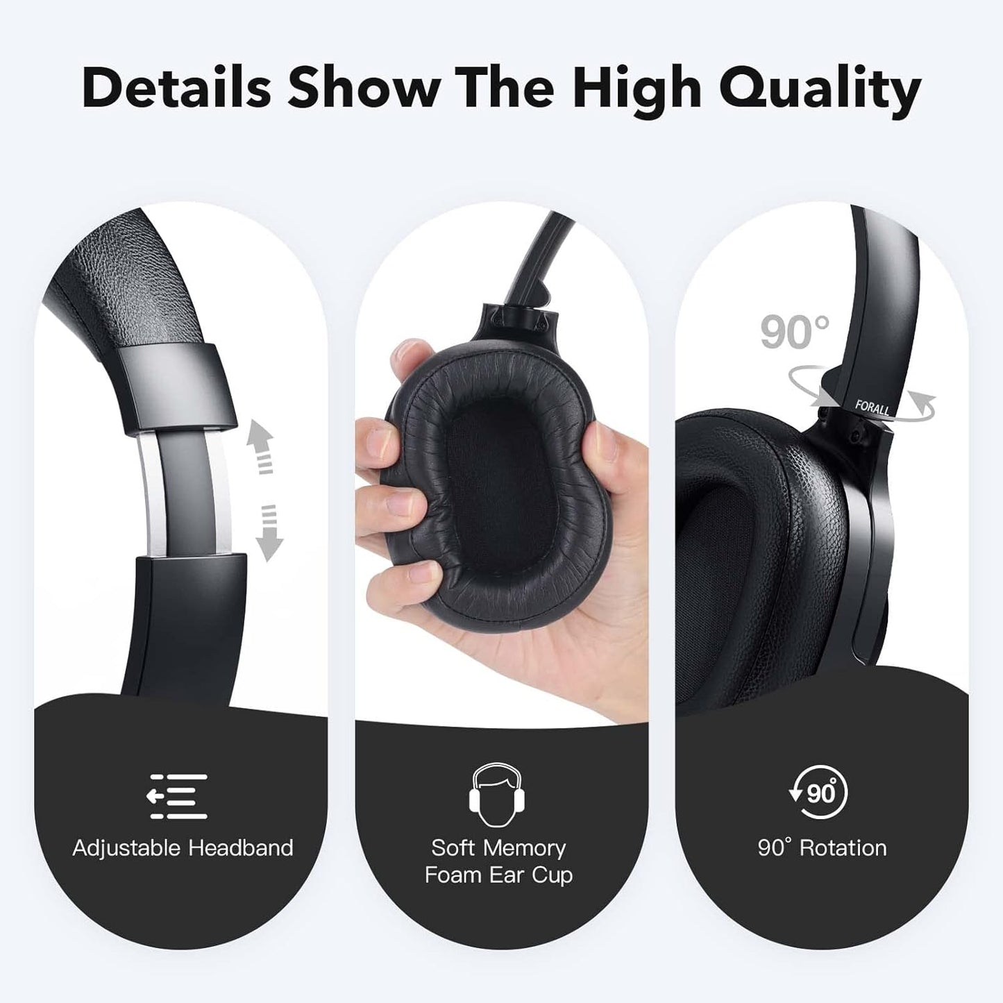 Active Noise Cancelling Headphones, over Ear Wireless Bluetooth Headphones, Hi-Res Audio, Deep Bass Memory Foam Ear Cups, 40H Playtime for Travel Home Office - Black