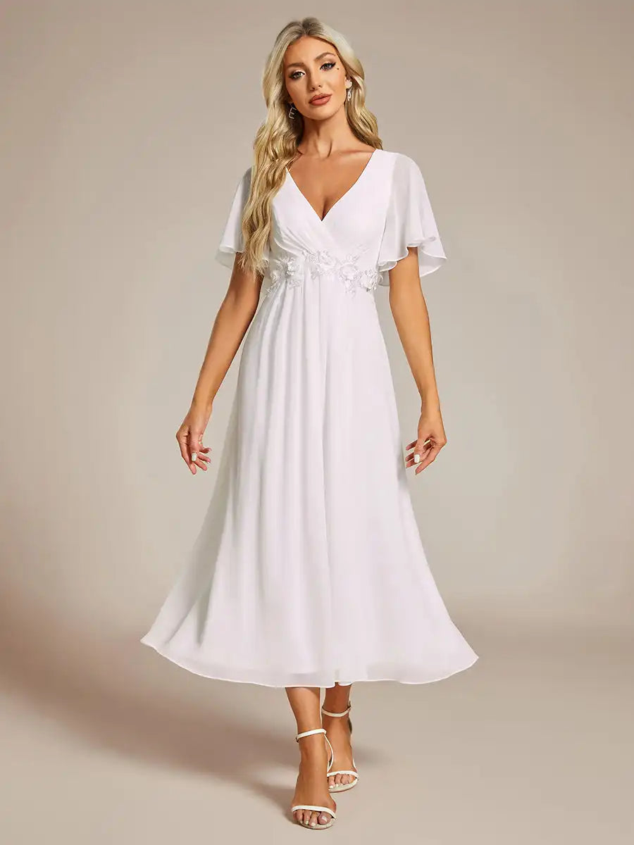 Mint Green Formal Evening Dress – Deep V-Neck Applique Ruffle Tea-Length Gown with Short Sleeves (Wedding Guest Dress, Corporate Event, Office Dress-Up)