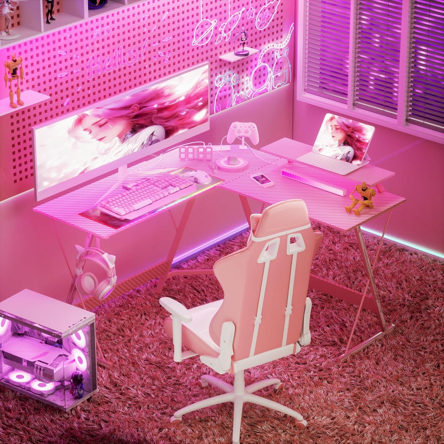 L Shaped Gaming Desk LED Power Strip - 128X128Cm Ergonomic Corner Gamer Computer Table, Extension Cord LED Strip Large PC Monitor Stand, Headphone Hook for Study Play Work Bedroom Living Room