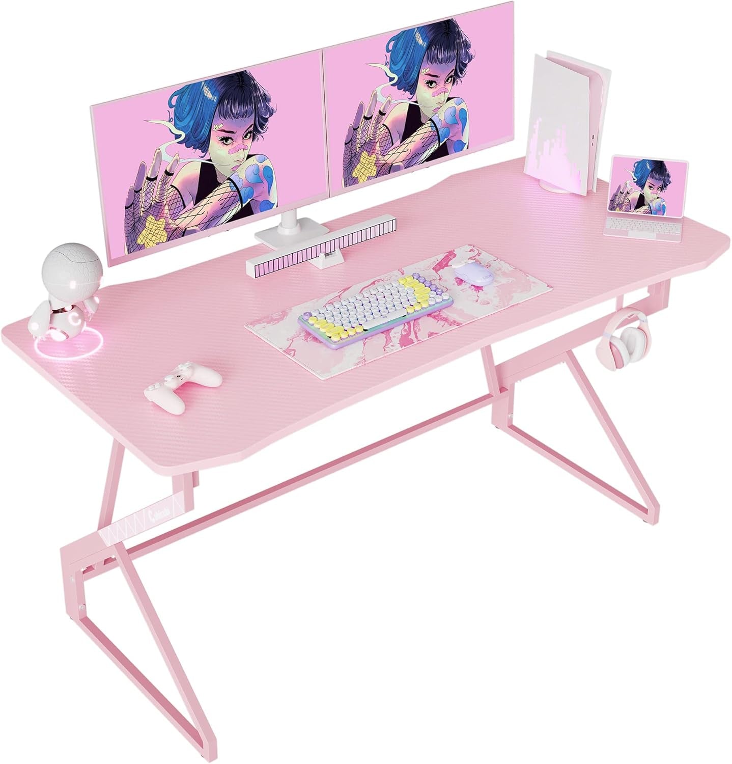 Gaming Desk with LED, 120 Cm Gamer Workstation, Home Computer with Carbon Fiber Surface, Black