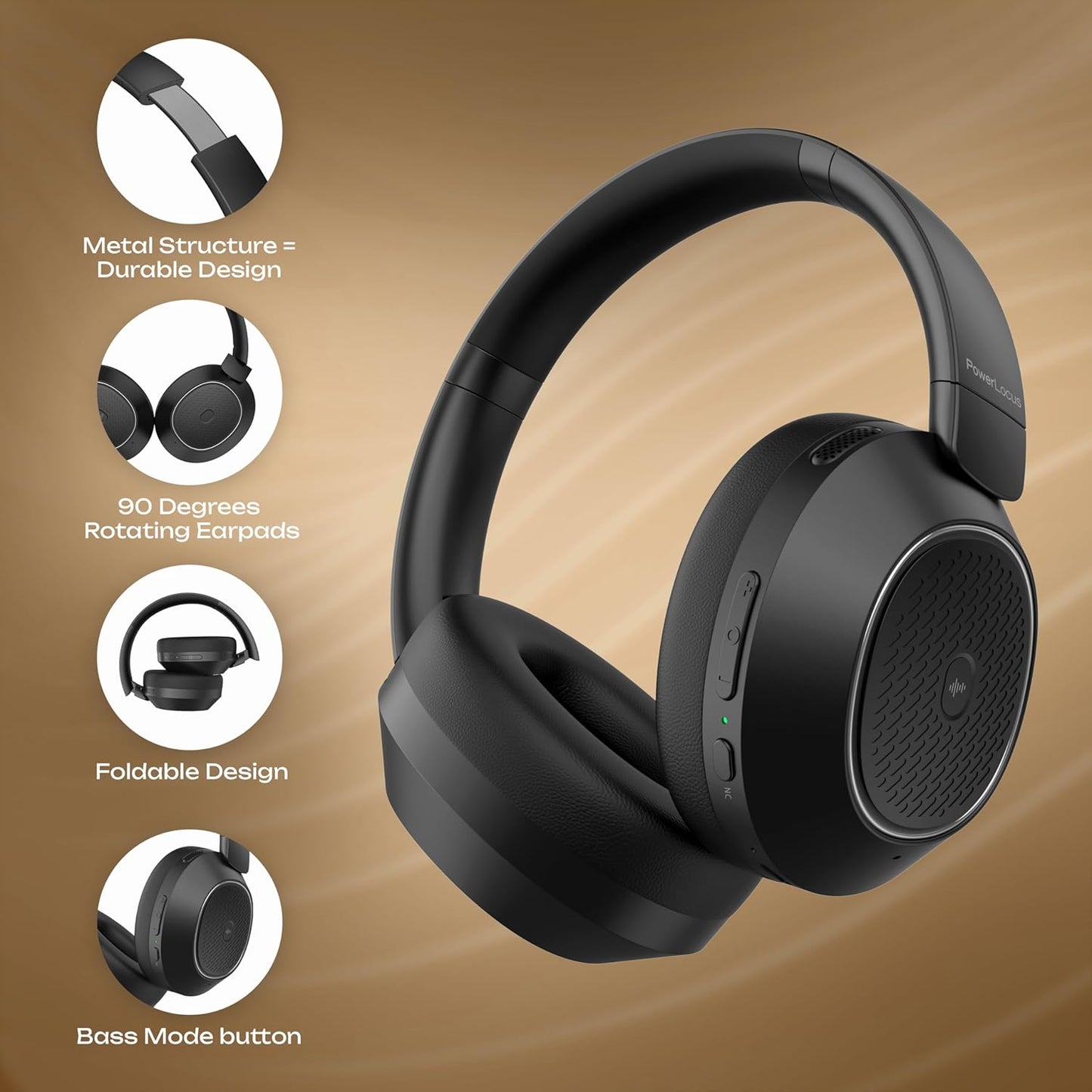Hybrid Active Noise Cancelling Headphones, 60 Hours Playtime over Ear Bluetooth Headphones, Hi-Fi Stereo Wireless Headphones with Bass Button, Foldable, with Mic for Travel,Mobile Phone,Pc