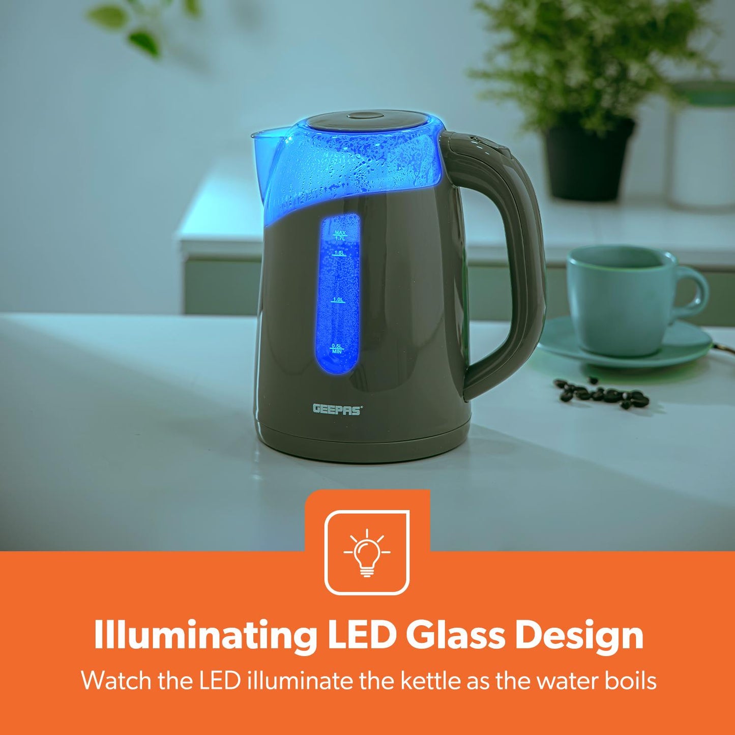 Geepas 650W 2-Slice Toaster & 2200W Illuminating Electric Kettle Combo Set - 1.7L Cordless Jug