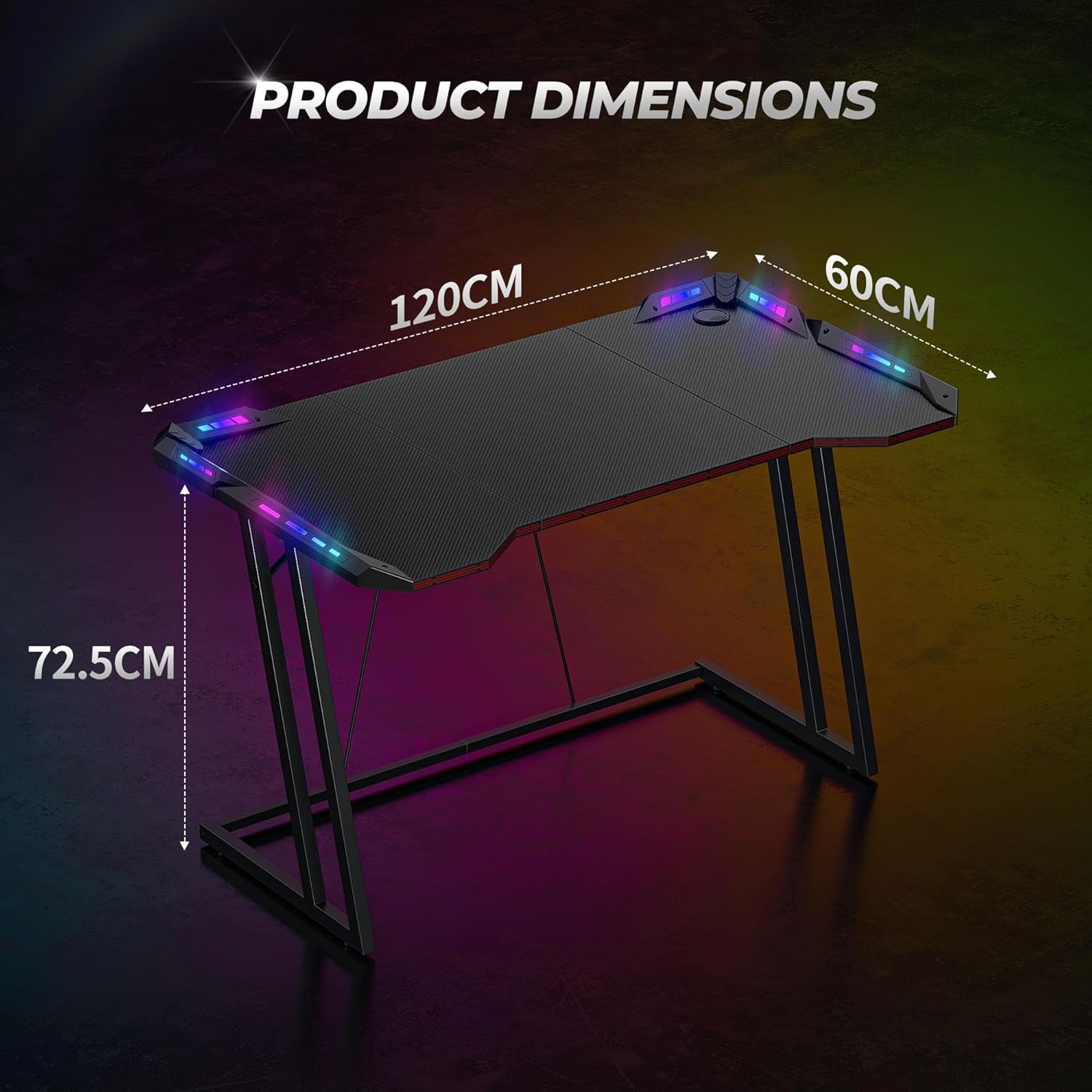 Gaming Desk with LED, 120 Cm Gamer Workstation, Home Computer with Carbon Fiber Surface, Black