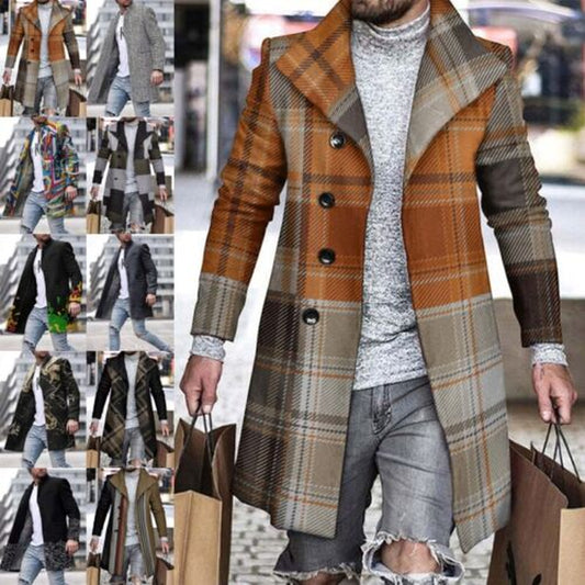 Men’s Slim Fit Plaid Trench Coat – Winter Warm Long Sleeve Jacket