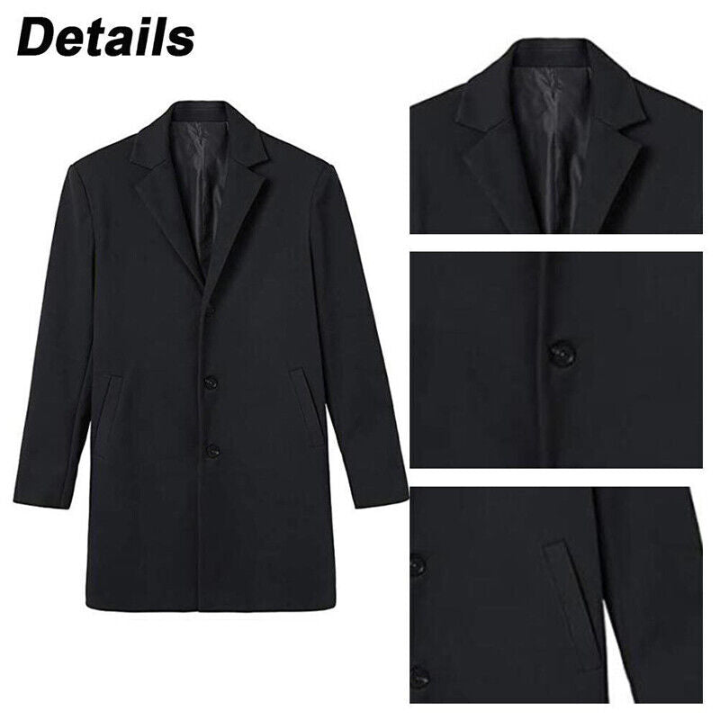 Men’s Winter Warm Trench Coat – Long Smart Formal Overcoat with Button Accents, Pockets & Lining