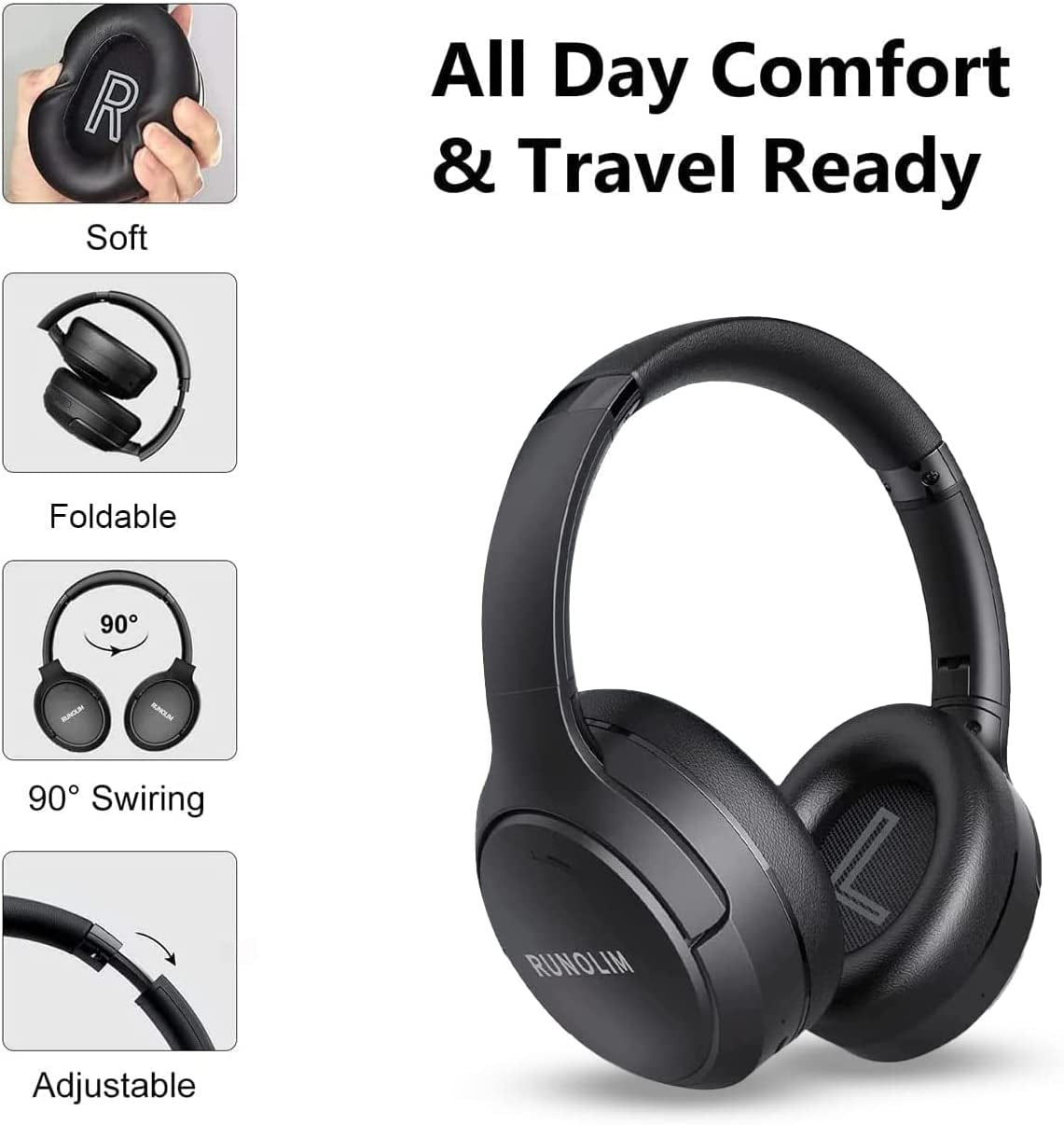 Hybrid Active Noise Cancelling Headphones, Wireless over Ear Bluetooth Headphones with Microphone, 70H Playtime, Foldable Wireless Headphones with Hifi Audio, Deep Bass for Home Travel Office