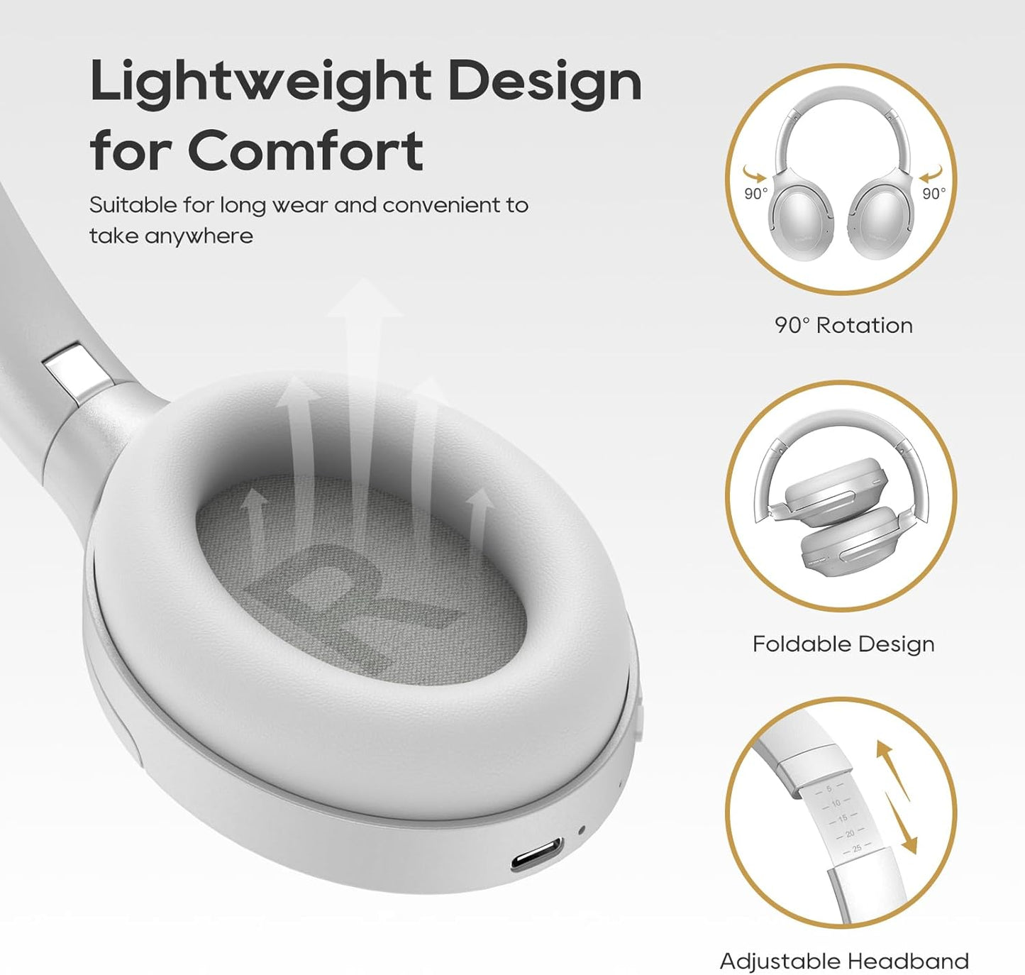 NC45 Active Noise Cancelling Headphones, Wireless Bluetooth Headphones over Ear with Mic Deep Bass, Foldable and Durable,Comfortable Protein Earpads, 40H Playtime for Tv/Pc/Cell Phone
