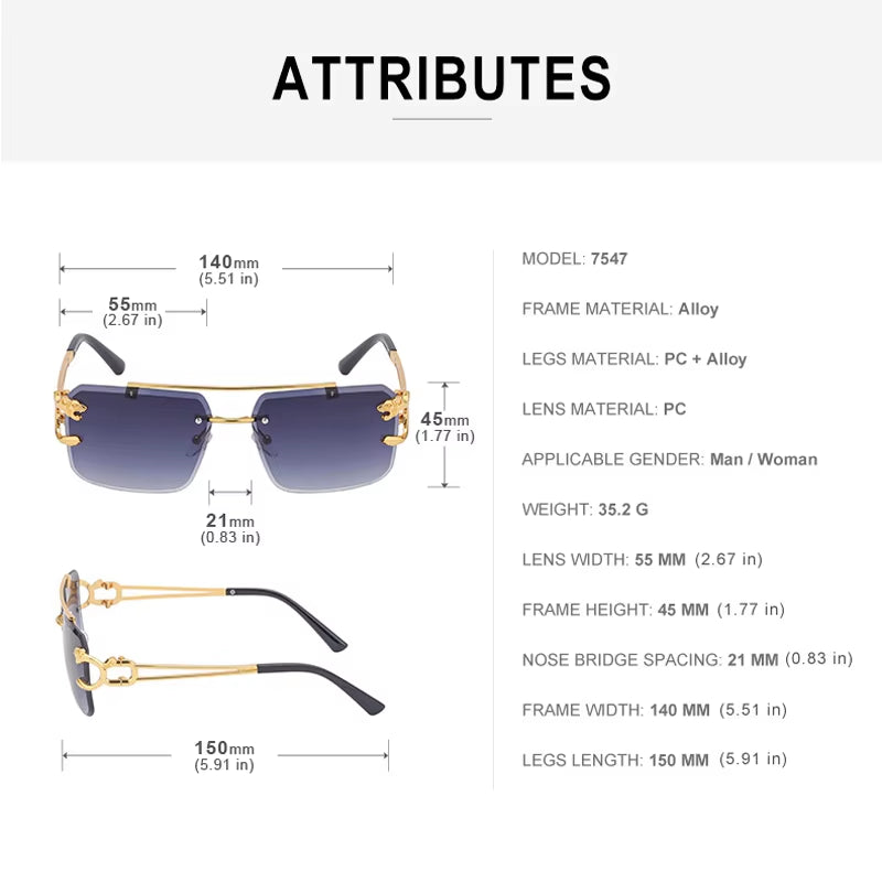 Fashion Metal Leopard Rimless Sunglasses - Stylish Gradient Ocean Film Shades UV400