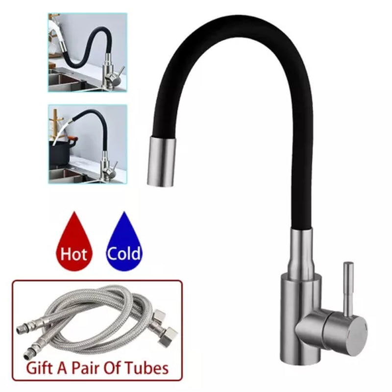 Flexible Kitchen Sink Mixer Tap with Swivel Spout, Single Lever Faucet, and 360° Rotatable Hose - Black