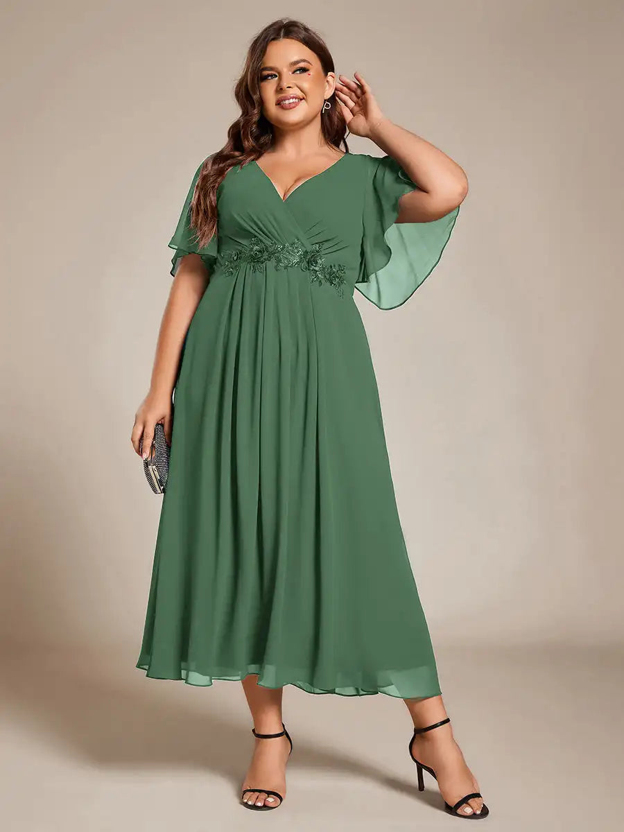 Mint Green Formal Evening Dress – Deep V-Neck Applique Ruffle Tea-Length Gown with Short Sleeves (Wedding Guest Dress, Corporate Event, Office Dress-Up)