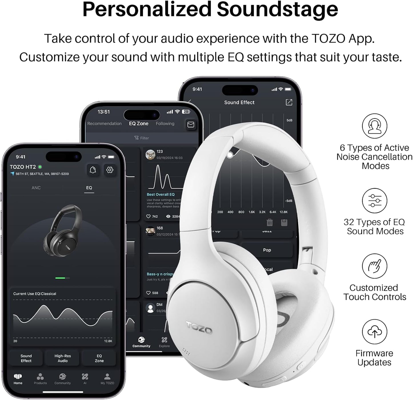 HT2 Hybrid Active Noise Cancelling Wireless Headphones, 60H Playtime Lossless Audio over Ear Bluetooth Headphones, Hi-Res Audio Deep Bass Foldable Lightweight Headset for Workout
