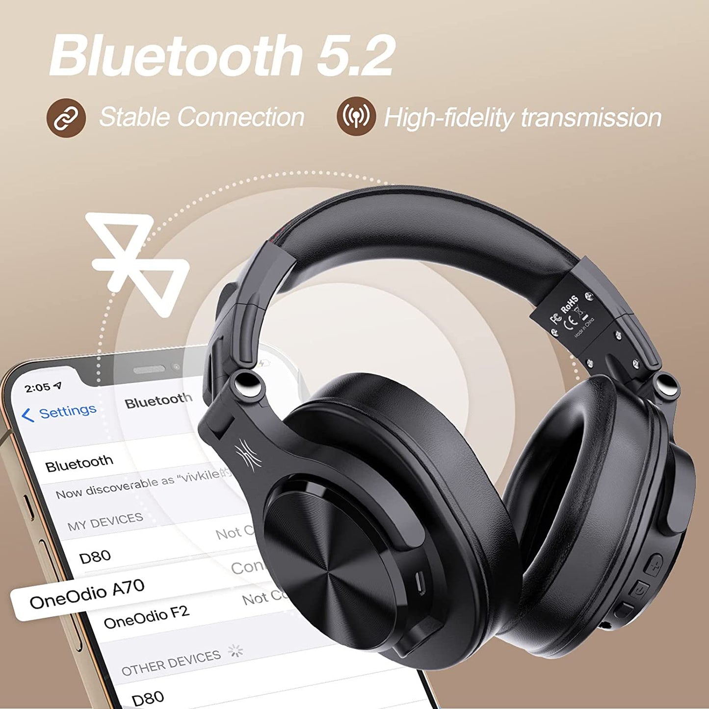 A70 Bluetooth Headphones over Ear, 72 Hrs Playtime, Monitor Level Stereo Sound Quality, Foldable Wireless&Wired DJ Headphone, Professional Studio Headphones for Dj/Tv/Pc/Phone