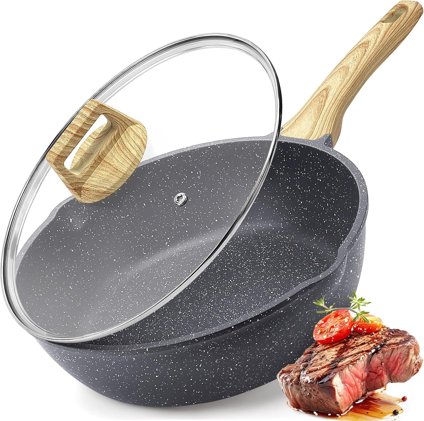 Nonstick Deep Frying Pan – 4.3L White Granite Sauté Pan with Lid, Pour Spout, Stay-Cool Handle, and Induction Compatibility (PFOA Free, 28cm)