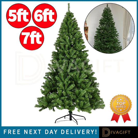 CHRISTMAS TREE with STAND BUSHY ARTIFICIAL TRADITIONAL XMAS TREE 5FT 6FT 7FT NEW