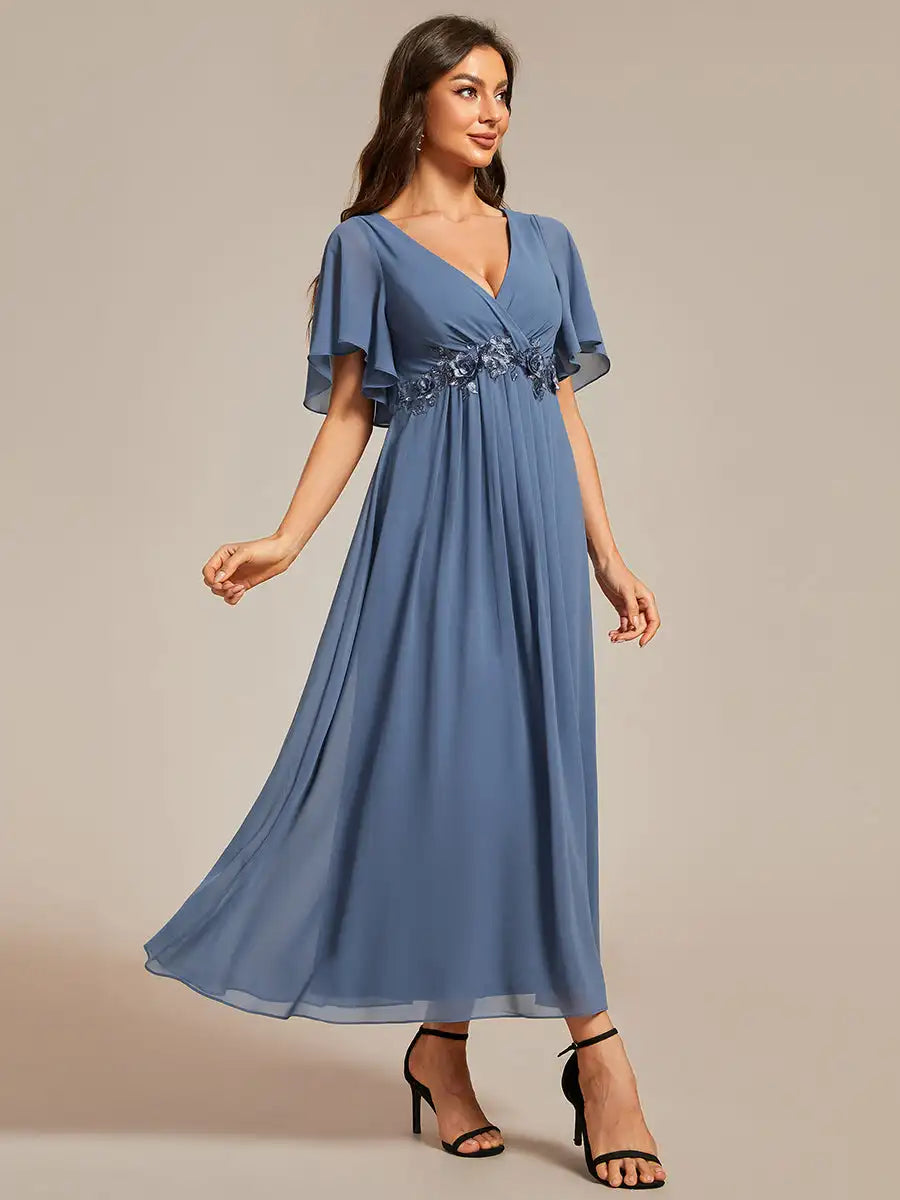 Mint Green Formal Evening Dress – Deep V-Neck Applique Ruffle Tea-Length Gown with Short Sleeves (Wedding Guest Dress, Corporate Event, Office Dress-Up)
