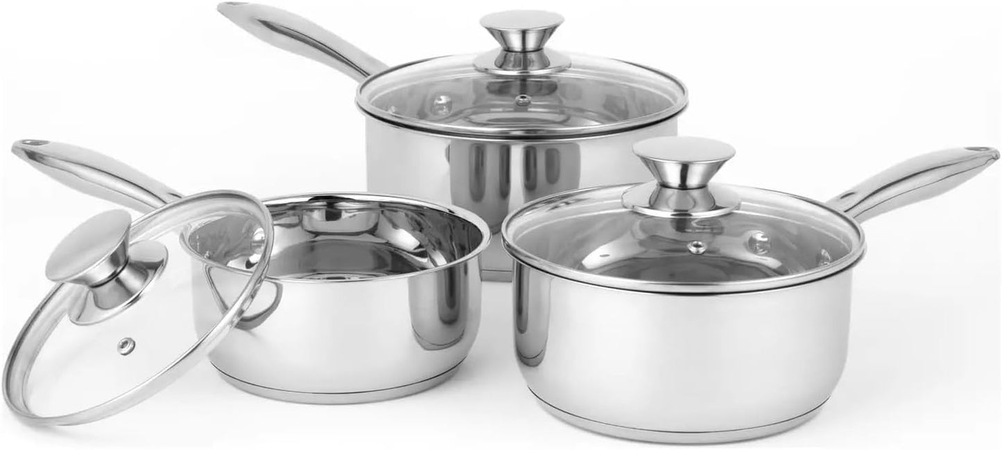Stainless Steel Deep Two Tone Saucepan with Glass Vented Lid Heat Resistant Handles, Ideal for All Hobs. (Set of 3 16,18,& 20 Cm)