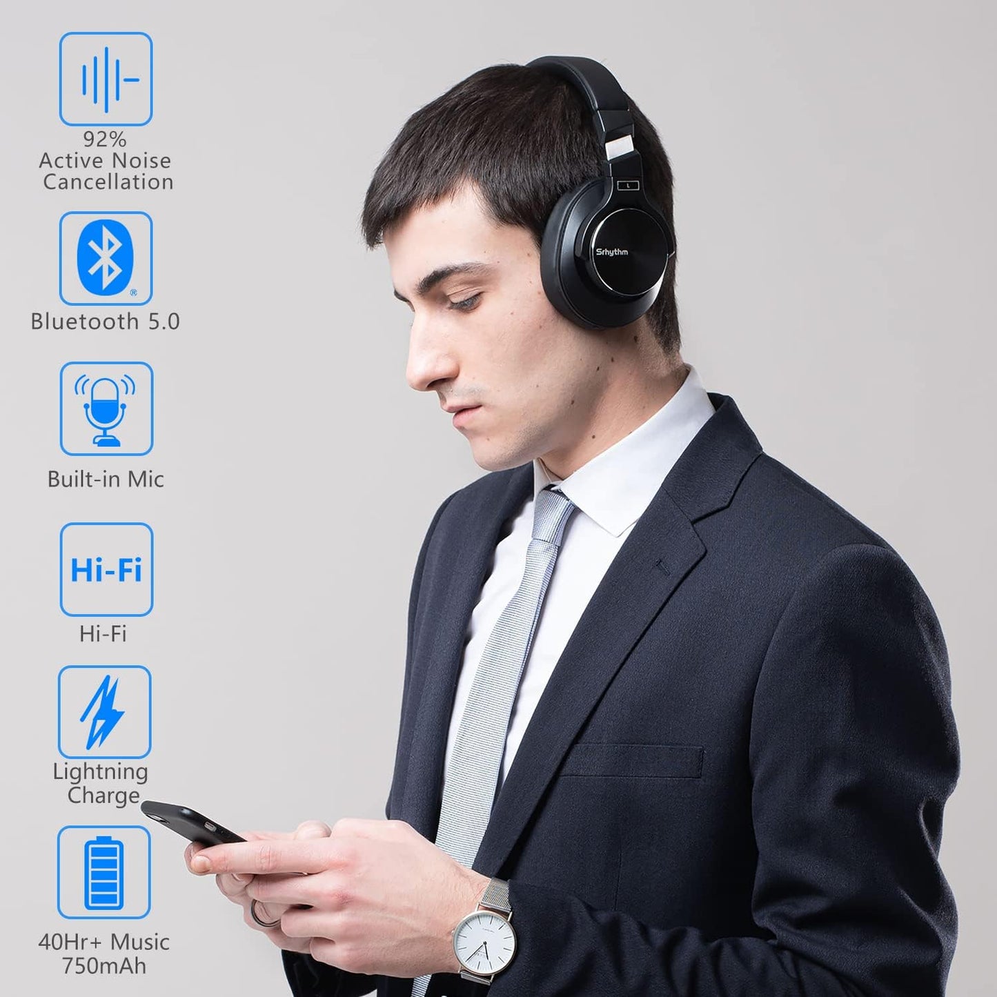 NC75 Pro Active Noise Cancelling Headphones Bluetooth 5.0,Over-Ear Headset with Build-In Microphone,Hi-Fi,40 Hours Playtime for All Bluetooth Devices (Black)