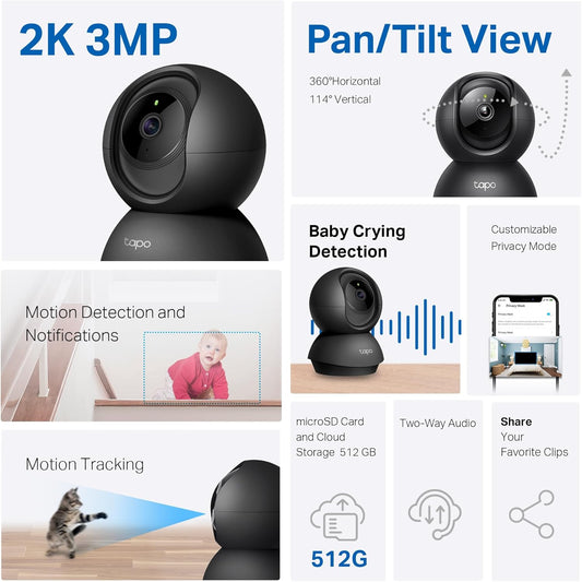 Indoor Camera for Security, Wifi Camera, 2K 3MP, 360° Baby and Pet Monitor, CCTV, AI, Smart Motion Detection & Tracking, Night Vision, Works with Alexa & Google Home, Elegance Black ( C211)