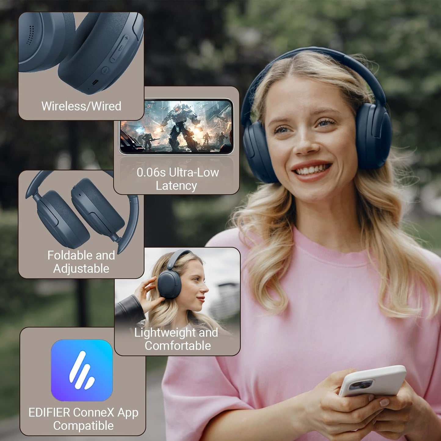 V80 Hybrid Active Noise Cancelling Headphones, True Wireless over Ear Bluetooth Headset with 45H Playtime Hi-Res Audio Fast Charging Multipoint Connection for Travel Home Office - Navy Blue