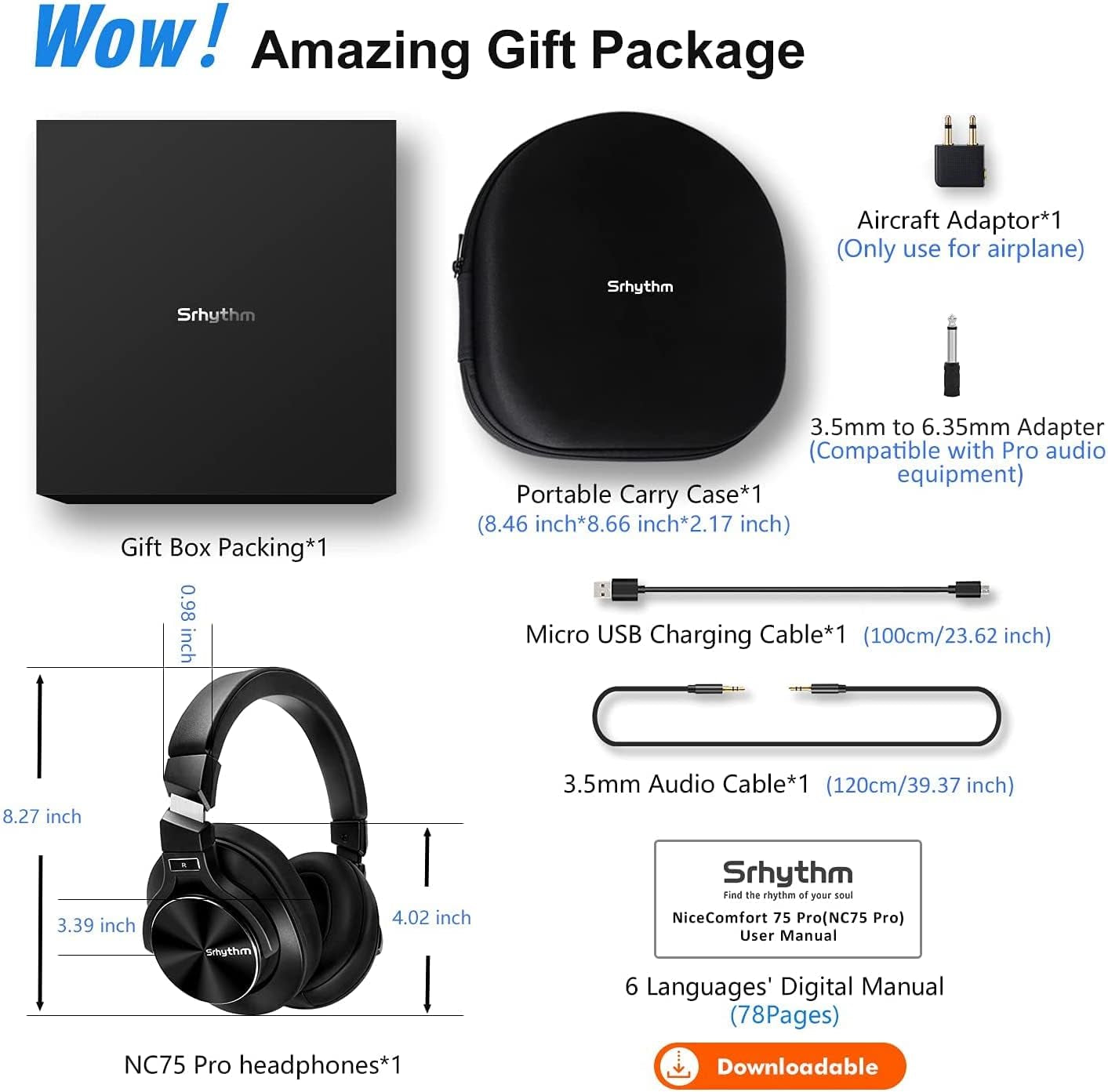 NC75 Pro Active Noise Cancelling Headphones Bluetooth 5.0,Over-Ear Headset with Build-In Microphone,Hi-Fi,40 Hours Playtime for All Bluetooth Devices (Black)