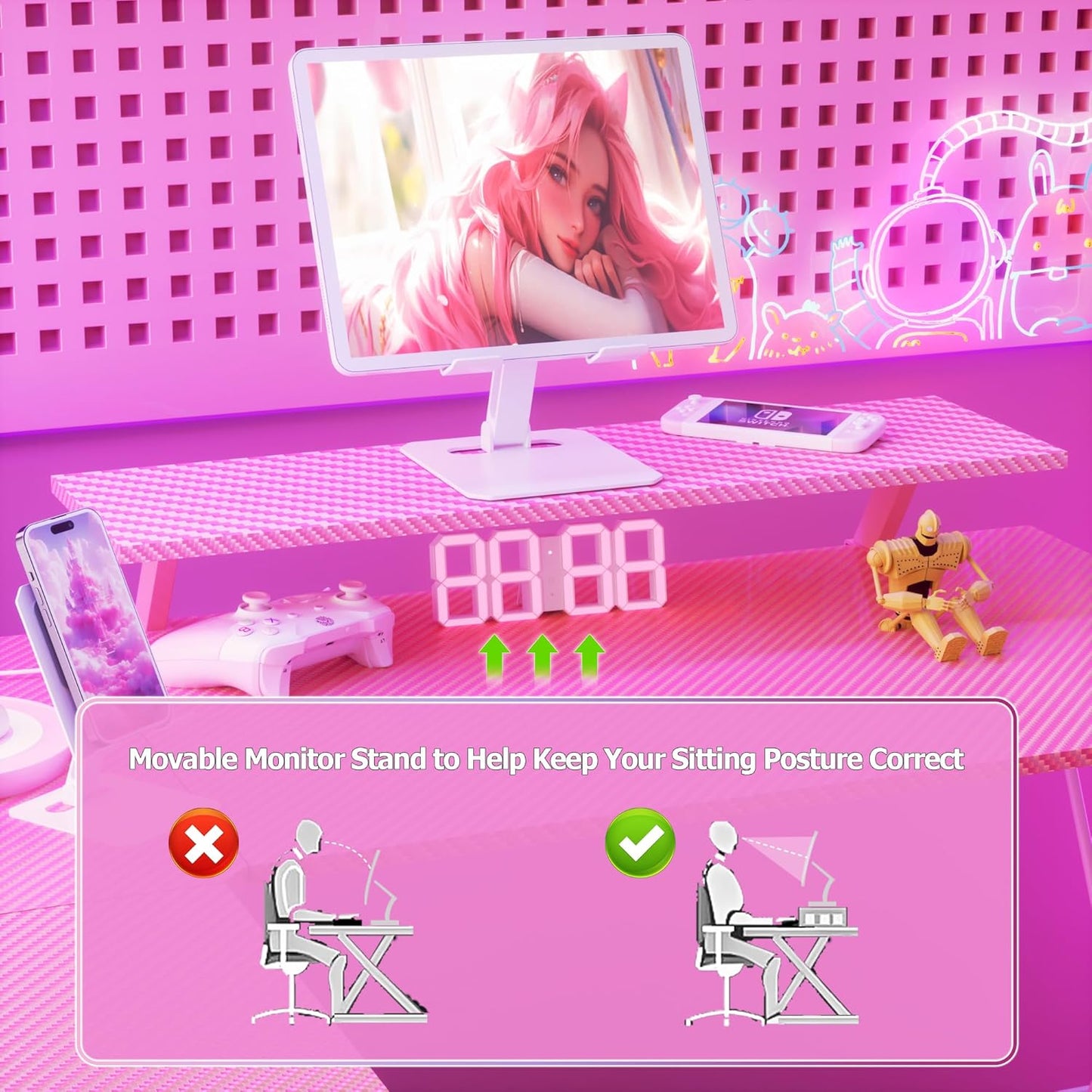 L Shaped Gaming Desk LED Power Strip - 128X128Cm Ergonomic Corner Gamer Computer Table, Extension Cord LED Strip Large PC Monitor Stand, Headphone Hook for Study Play Work Bedroom Living Room