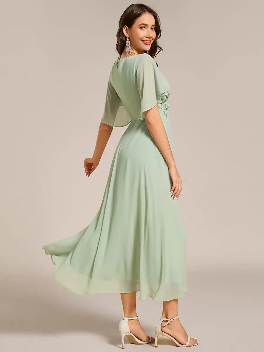 Mint Green Formal Evening Dress – Deep V-Neck Applique Ruffle Tea-Length Gown with Short Sleeves (Wedding Guest Dress, Corporate Event, Office Dress-Up)