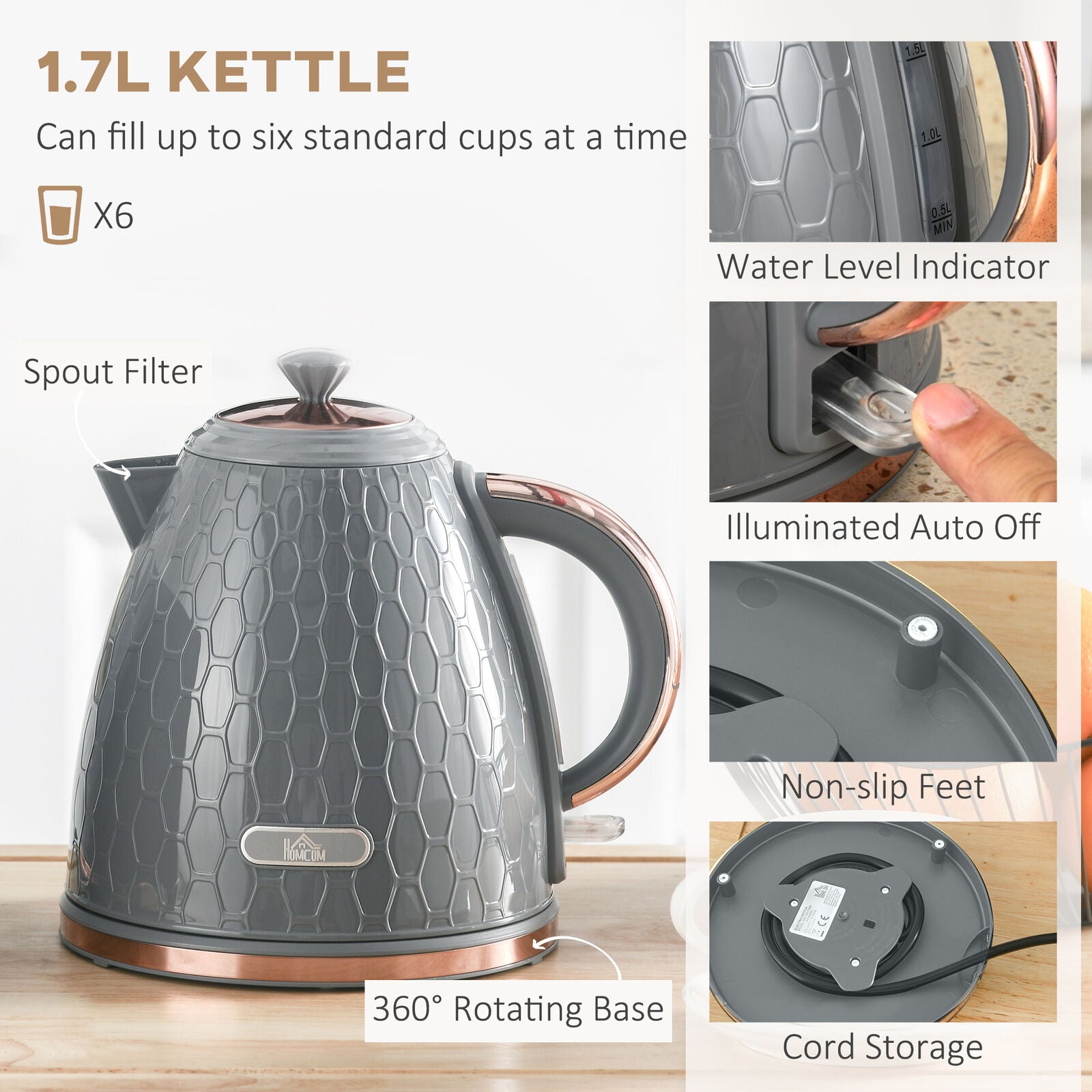 HOMCOM Kettle and Toaster Set - 1.7L Rapid Boil Kettle & Two-Slice Toaster in Grey