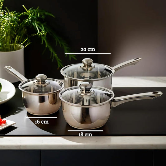 Housewares Stainless Steel Saucepan Set, 3 Piece Set with Glass Lids,Silver,H14 X W40 X D26Cm