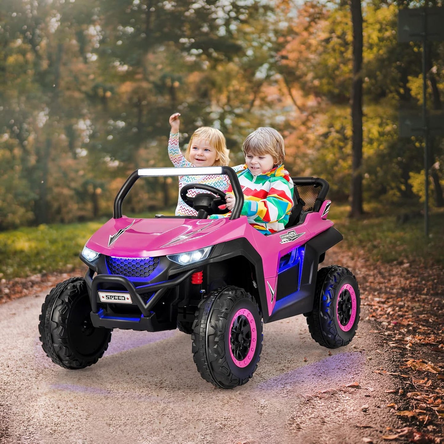 Kids Electric UTV, 2-Seater 12V Battery Powered Toy Car with Remote Control, Lights, Bluetooth, MP3, USB, FM, High/Low Speed & Suspension Spring, Children Ride on Car for 3-8 Years Old (Pink)