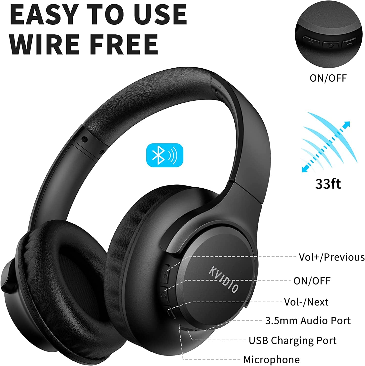Bluetooth Headphones over Ear, 65 Hours Playtime Wireless Headphones with Microphone, Foldable Lightweight Headset with Deep Bass,Hifi Stereo Sound for Travel Work PC Cellphone (Black)