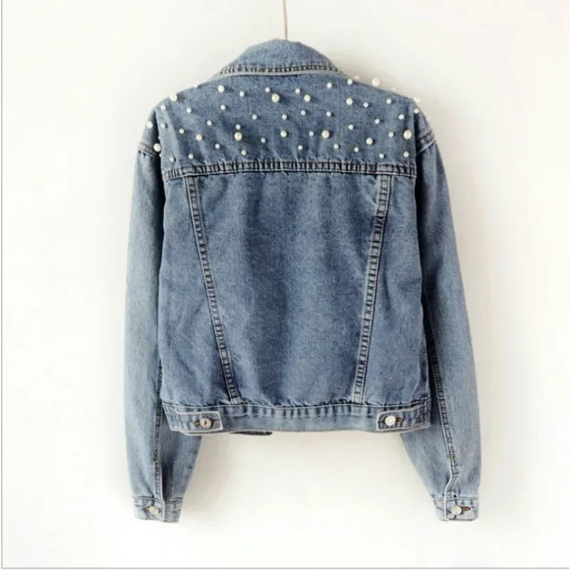 Women's Short Pearl Beaded Denim Jacket β Loose Fit Spring & Autumn Layer