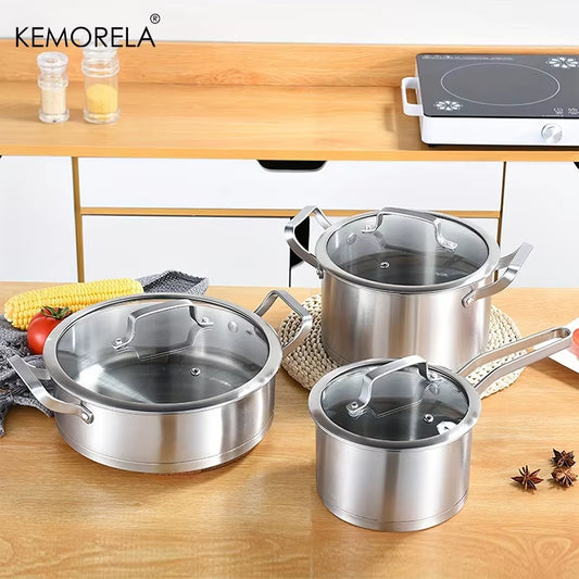 Stainless Steel Pot Set – Thickened Right-Angle Soup, Milk, Fry, and Steamer Pots (16/20/24cm)