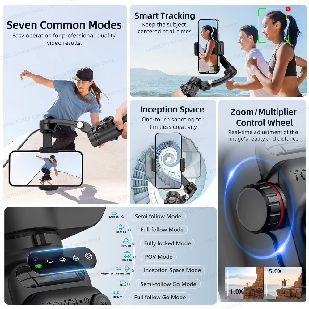 M02 3-Axis Handheld Gimbal Stabilizer for Smartphone, Foldable Phone Holder Anti-Shake PTZ for Iphone Android Tiktok Vlog