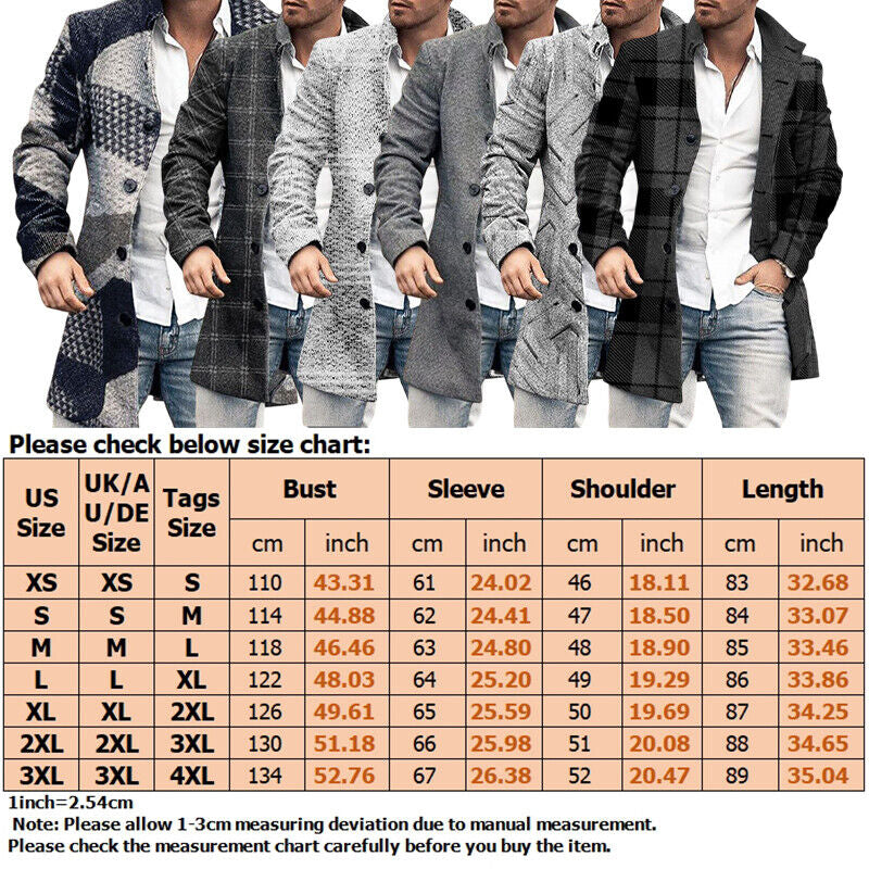 Men’s Long Sleeve Woolen Trench Coat – Warm Plaid Office Jacket for Winter Style