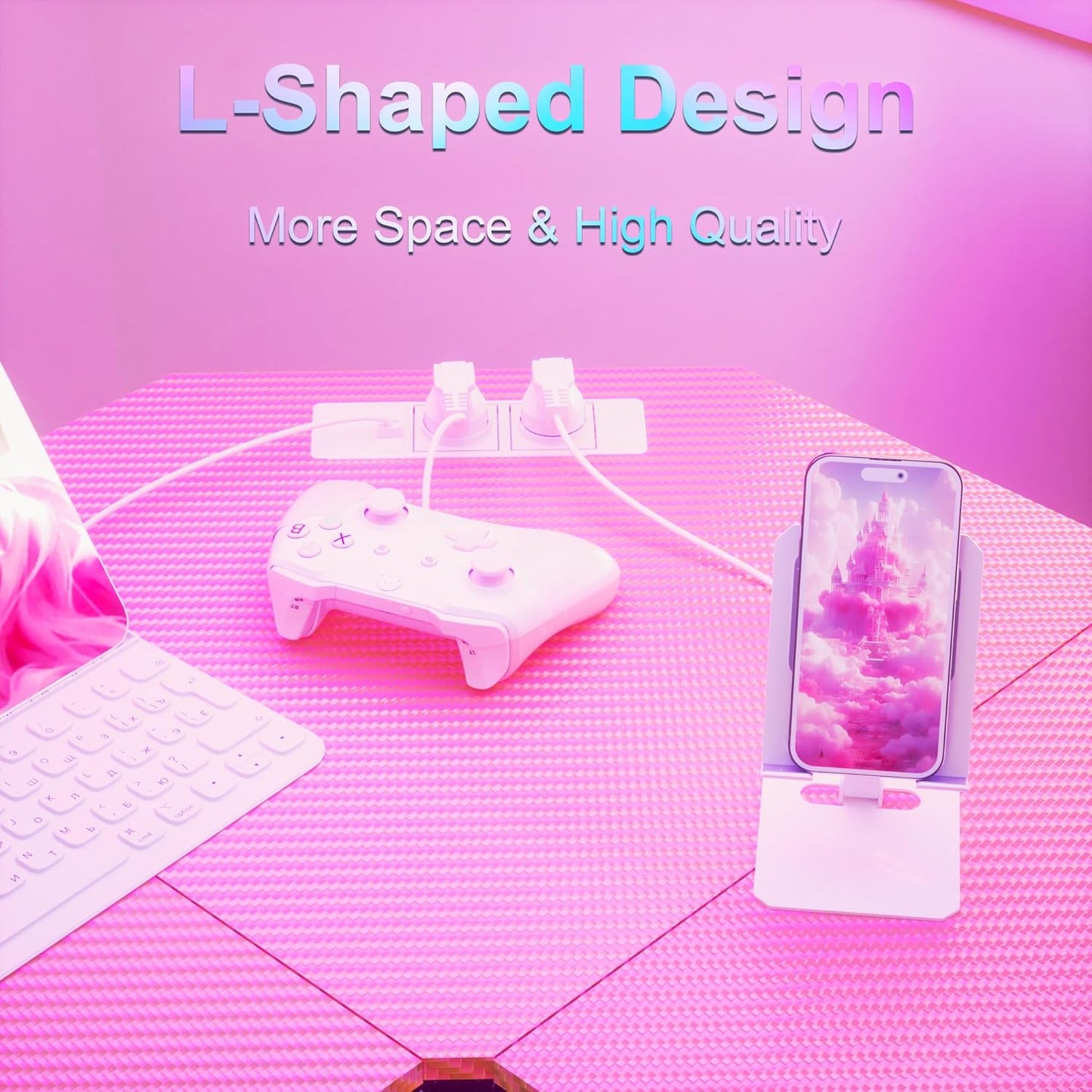 L Shaped Gaming Desk LED Power Strip - 128X128Cm Ergonomic Corner Gamer Computer Table, Extension Cord LED Strip Large PC Monitor Stand, Headphone Hook for Study Play Work Bedroom Living Room