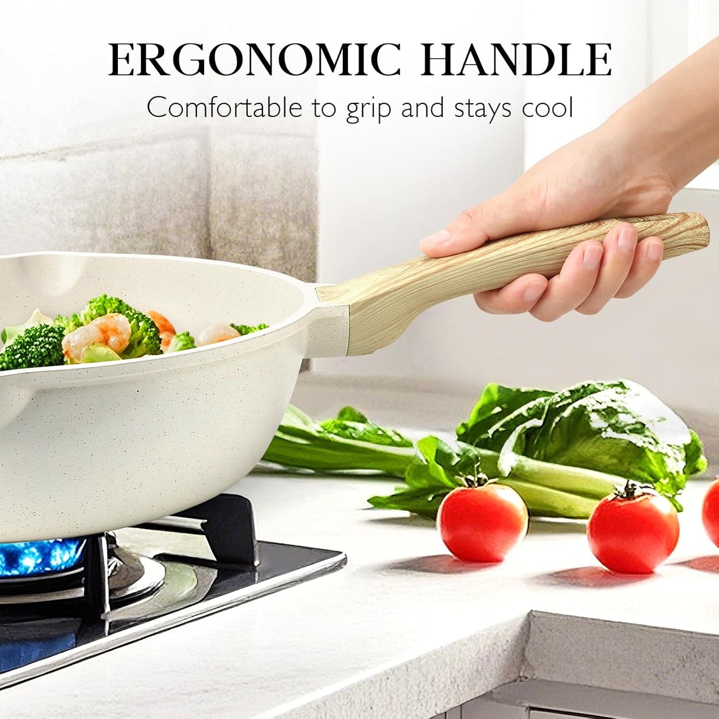 Nonstick Deep Frying Pan – 4.3L White Granite Sauté Pan with Lid, Pour Spout, Stay-Cool Handle, and Induction Compatibility (PFOA Free, 28cm)