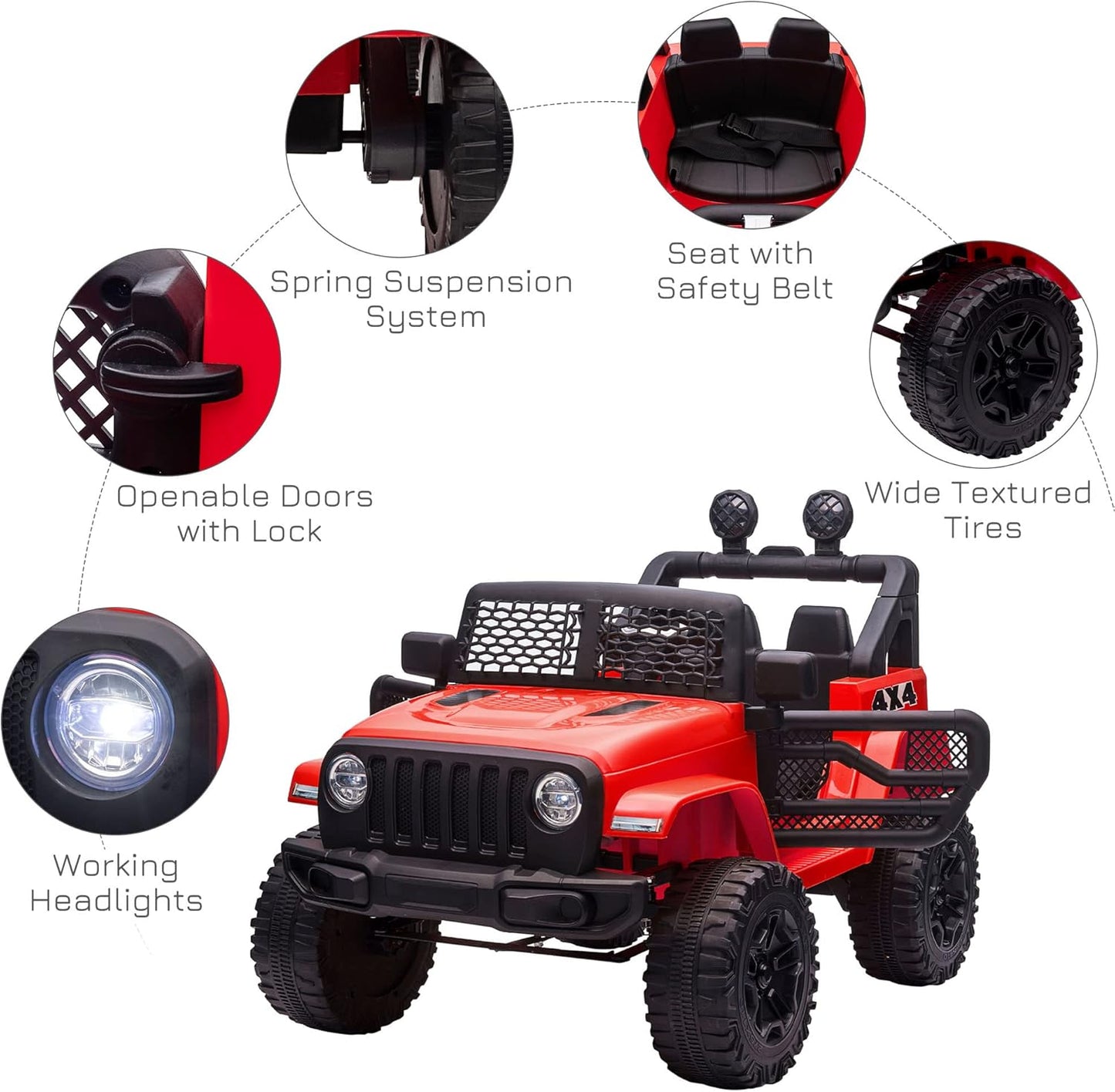 Kids Electric Ride on Car 12V off Road Toy with Parental Remote Control 2 Motors Horn Lights Suspension Wheels for 3-6 Years Old Red