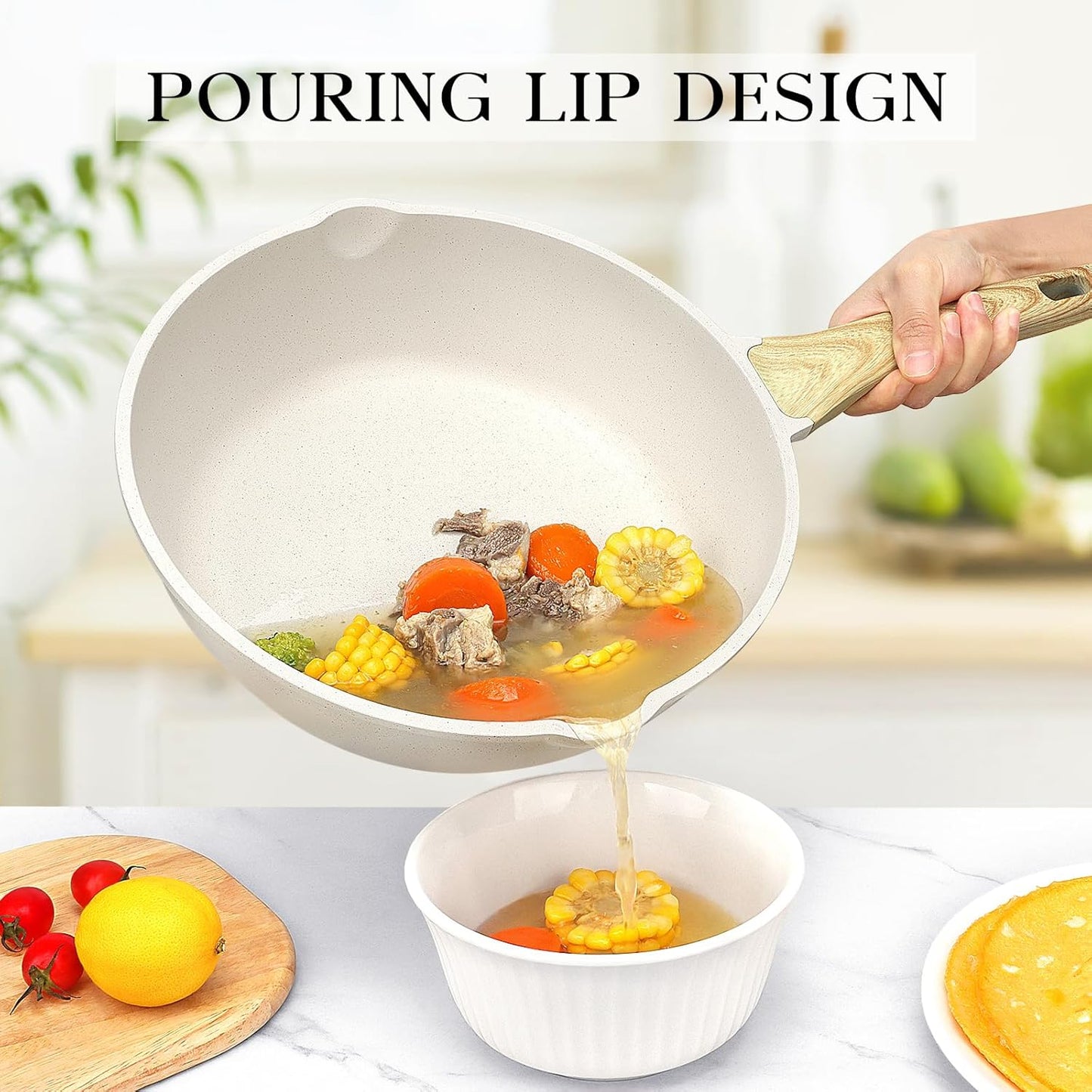 Nonstick Deep Frying Pan – 4.3L White Granite Sauté Pan with Lid, Pour Spout, Stay-Cool Handle, and Induction Compatibility (PFOA Free, 28cm)