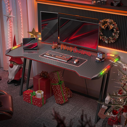 Gaming Desk with LED, 120 Cm Gamer Workstation, Home Computer with Carbon Fiber Surface, Black