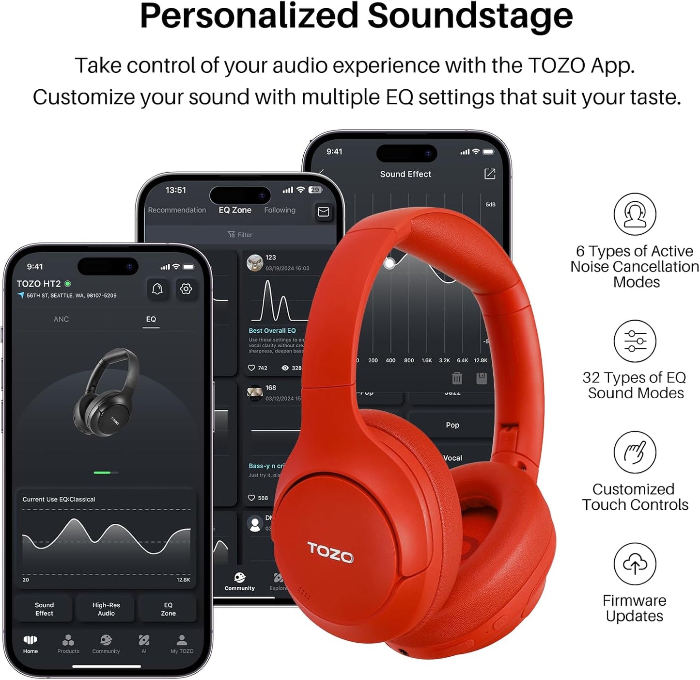HT2 Hybrid Active Noise Cancelling Wireless Headphones, 60H Playtime Lossless Audio over Ear Bluetooth Headphones, Hi-Res Audio Deep Bass Foldable Lightweight Headset for Workout