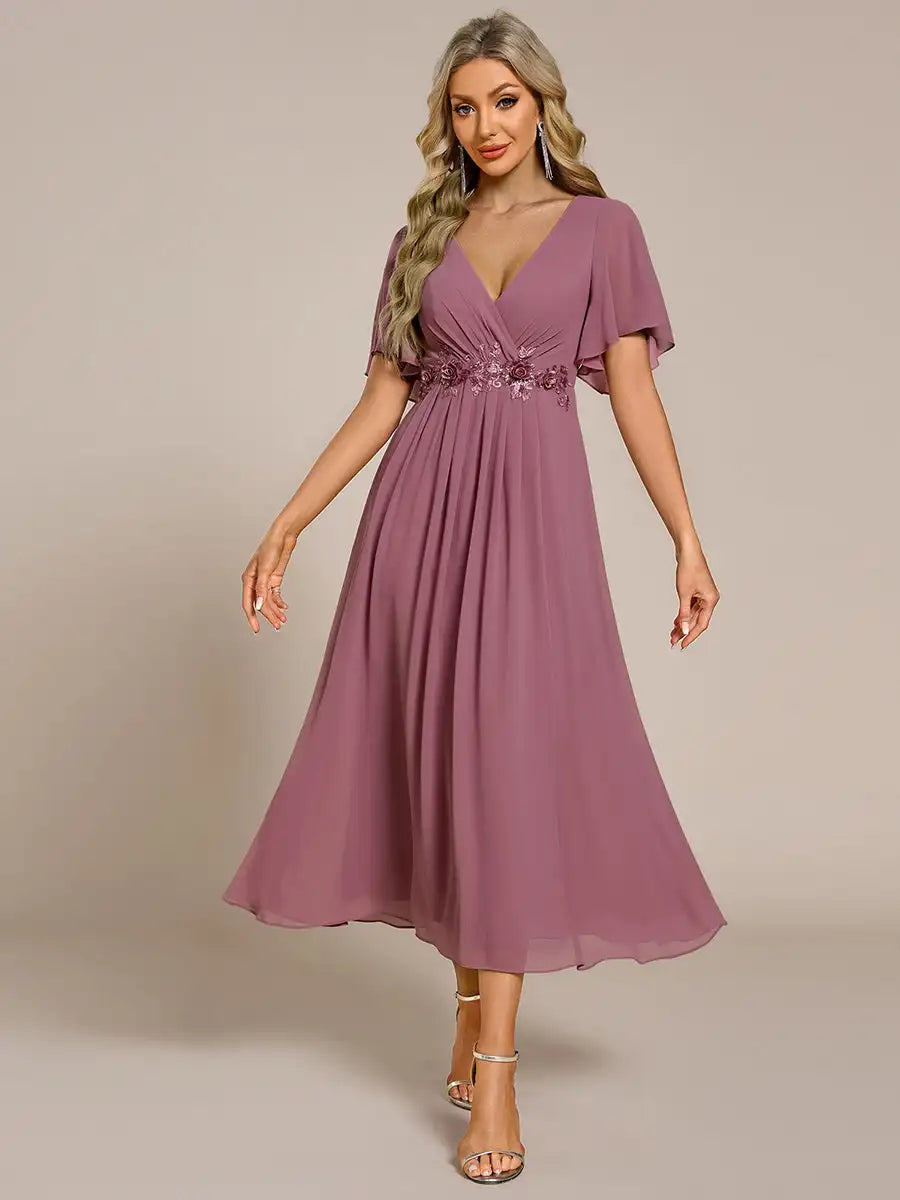Mint Green Formal Evening Dress – Deep V-Neck Applique Ruffle Tea-Length Gown with Short Sleeves (Wedding Guest Dress, Corporate Event, Office Dress-Up)